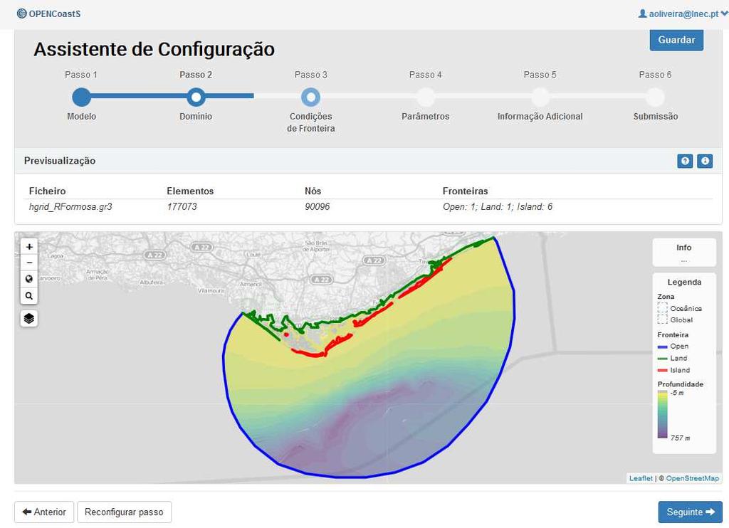 OPENCoastS: Visualização do domínio e da geometria da zona de estudo Verificação das fronteiras e