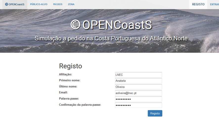 Visita guiada ao serviço OPENCoastS Acessível via browser Confidencialidade dos