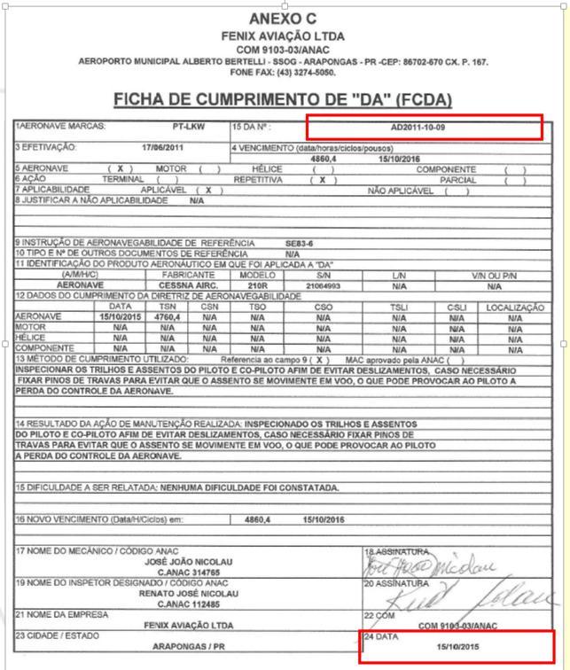 Figura 2 - Ficha de cumprimento de DA. A Diretiva informava os desgastes máximos dos orifícios dos trilhos e dos pinos de travamento dos assentos do piloto e do copiloto.