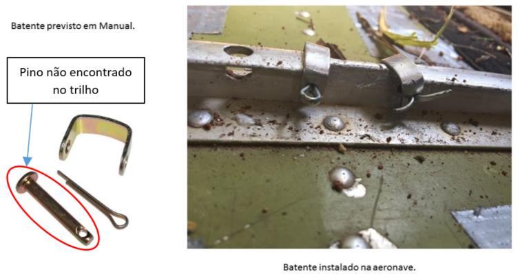 Conforme Figura 7, a seguir, pôde ser observada a incorreta instalação das peças no trilho do assento do piloto, já que não foram identificados os pinos que viriam a fixar os batentes, uma vez que os