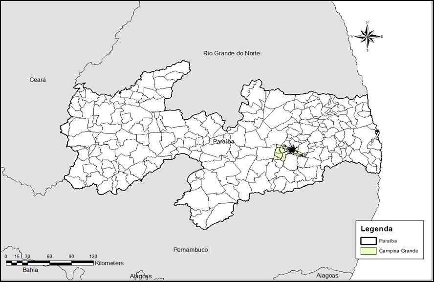 Figura 1- Localização geográfica do município de Campina Grande no estado da Paraíba Em 2010, a população total do município atingiu cerca de 385.