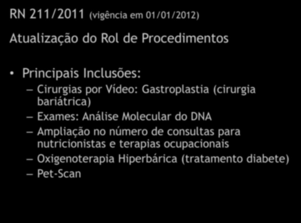 Rol de Procedimentos RN 211/2011 (vigência em 01/01/2012) Atualização do Rol de Procedimentos Principais Inclusões: Cirurgias por Vídeo: Gastroplastia (cirurgia