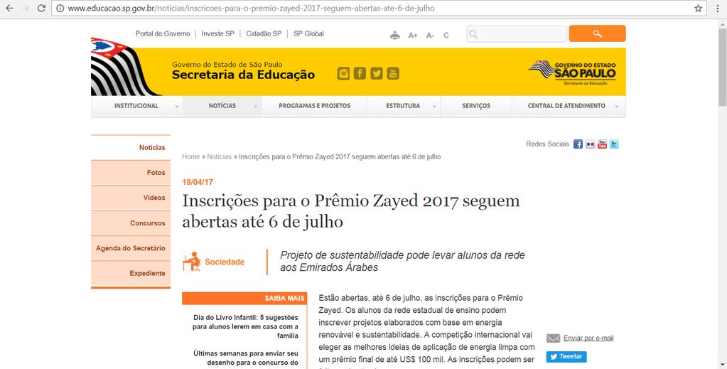 Divulgação do Prêmio - Portal SEE/SP Disponível em: http://www.educacao.sp.gov.