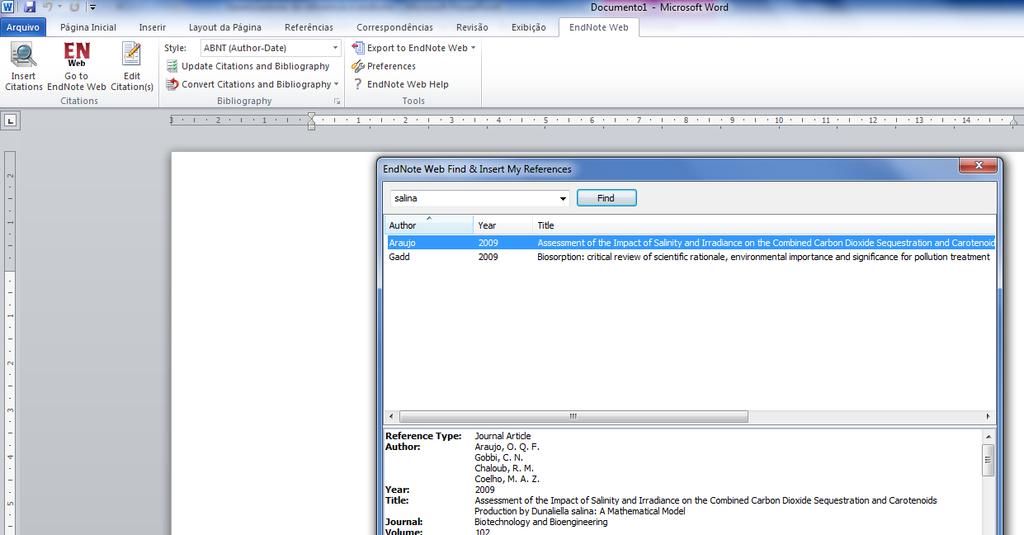 Efetua busca, diretamente no EndNote Web, com função para