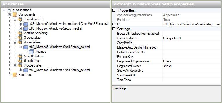 Na área "Propriedades Microsoft-Windows-Shell-Setup", digite o Nome do Computador, Organização de