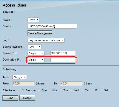 Escolha a opção desejada da lista de drop-down do IP de destino. Incorpore então o IP address da URL que você deseja obstruir. Refira etapa 1 e etapa 2 para ajudá-lo a encontrar esta informação.