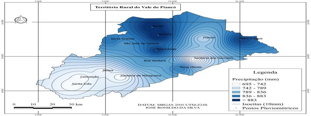 pluviométrico do Vale do Piancó para a série histórica de 1994-2016 Analisando os dados pluviométricos percebe-se que existe uma forte irregularidade na distribuição de chuvas ao