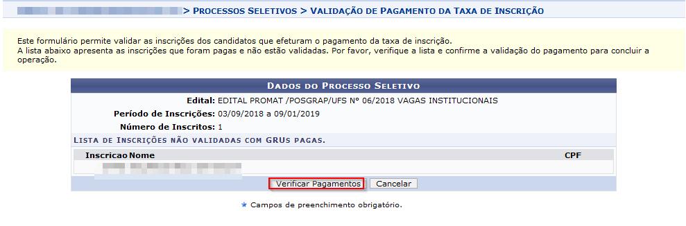 2- Realizar seleção: A página de gerenciamento de inscrições pode exibir o seguinte aviso: A notificação significa que o coordenador precisa confirmar o pagamento das