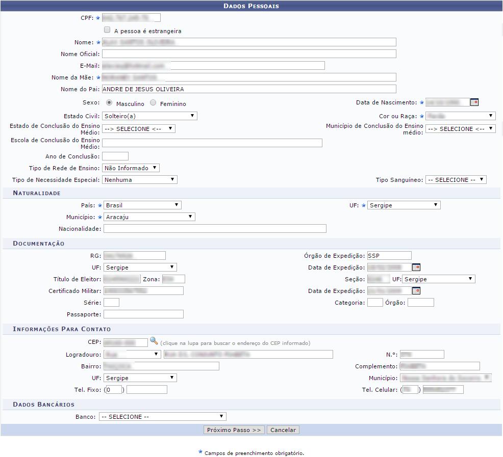 4 - Cadastrar discentes: Apos clicar em cadastrar discente, a seguinte página contendo os dados pessoais do candidato irá aparecer: Nessa página, o usuário deverá visualizar atentamente os