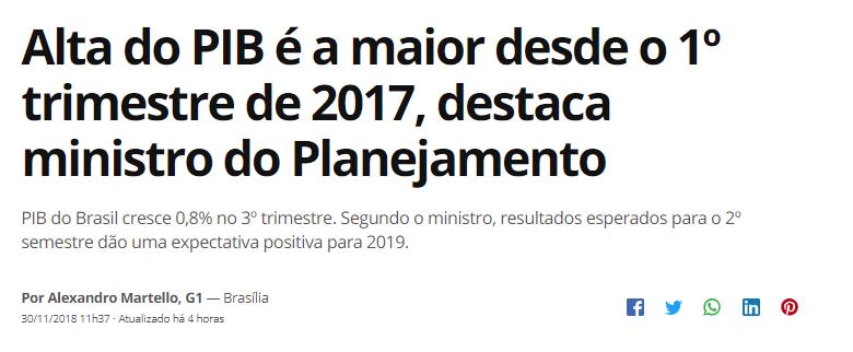 CLIPPING DE NOTÍCIAS Título: Alta do PIB é a maior desde o 1º trimestre de 2017, destaca