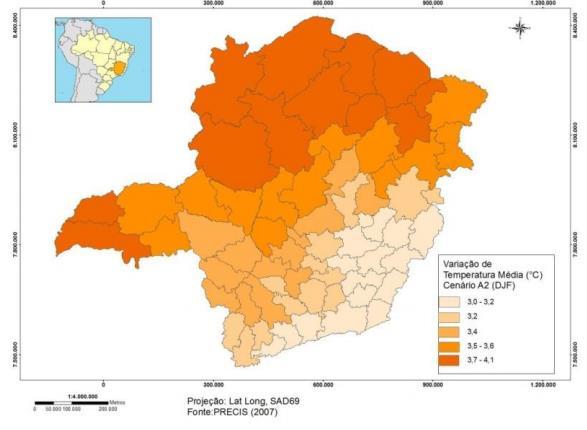 Cenário de aumento de temperatura em MG Relatório de Avaliação de Impactos de Mudanças Climáticas sobre a Economia Mineira (FEAM, 2011) O modelo prevê um clima mais quente em todo o território até o