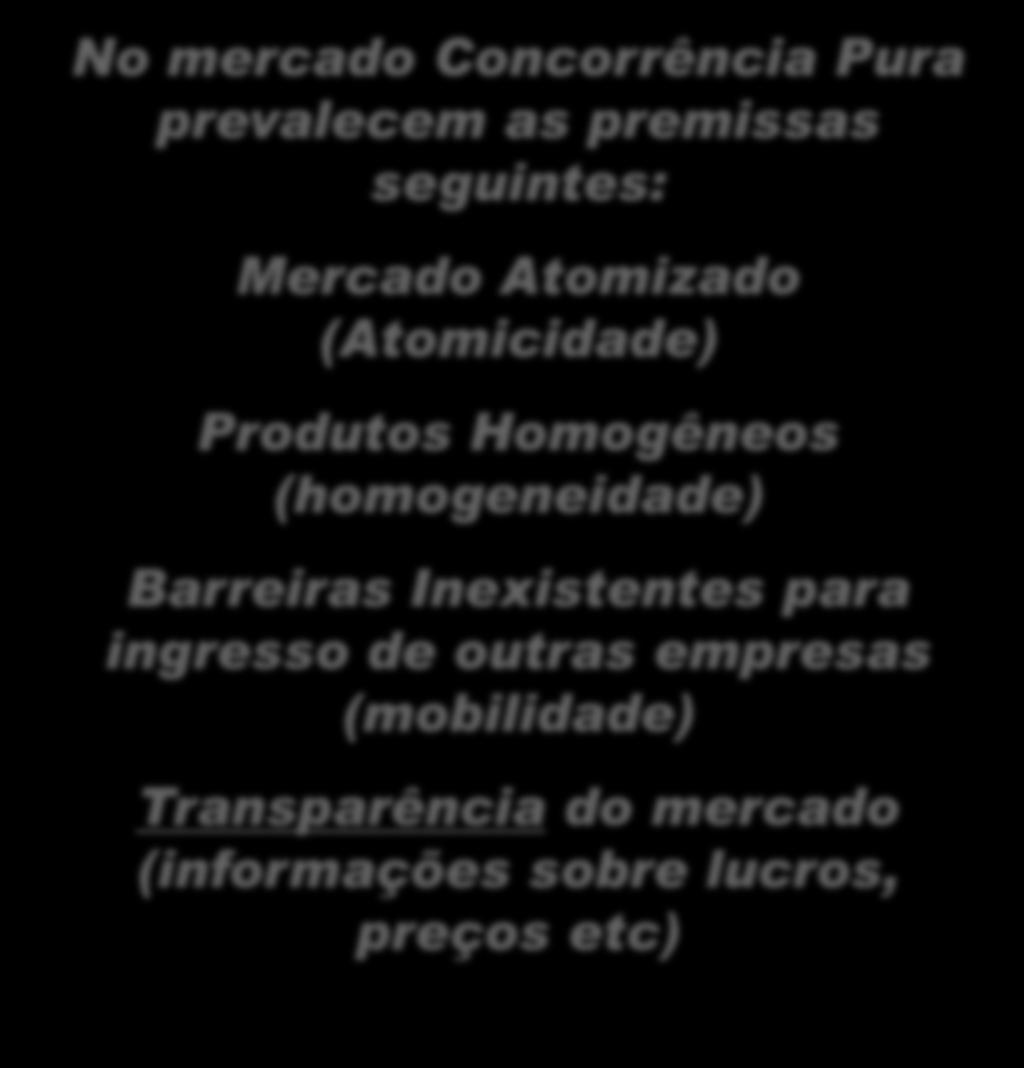 CONCORRÊNCIA PURA OU PERFEITA 22 No mercado Concorrência Pura prevalecem as premissas seguintes: Atomizado (Atomicidade) Produtos Homogêneos (homogeneidade) Barreiras