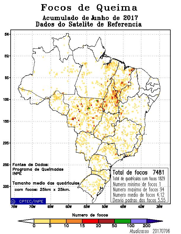 Mapa 2.1 Total de detecções registradas em Junho/2017 segundo o satélite referência. Mapa 2.2 Anomalia de detecções registradas em Junho/2017 segundo o satélite referência.