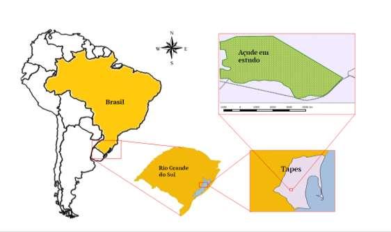 Figura 1 Localização do açude em estudo no município de Tapes/Brasil. Ambos, S.H. Tabela 1- Metodologia utilizada nas análises de água.
