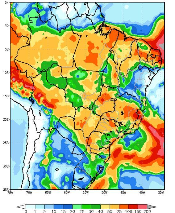 Figura 1 - Precipitação acumulada prevista pelo modelo ETA (CPTEC/INPE) para o período de 16/03 a 22/03/19 Nas bacias dos rios Paranapanema, Grande, Paranaíba e Iguaçu, e parte das bacias dos rios