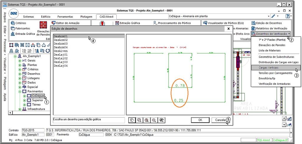 1. Com a aba "TQS Alvest" selecionada, clique no botão "Geração de Desenhos" 2. Clique no botão OK com todas as marcados Para identificar as cargas a serem distribuídas: 1.