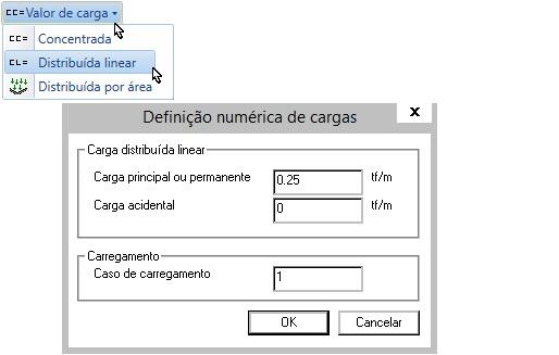 1. Selecione a aba "Lajes" e clique no botão "Valor de carga" 2. Selecione a opção Distribuída linear 3. Defina o valor 0.28 tf/m 4.