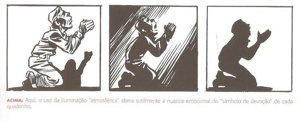 FONTE: Quadrinhos e Arte Sequencial (EISNER, 2010) Na narrativa visual quando o artista trabalha a ideia da devoção usando o antigo hieróglifo egípcio eles fazem variações através da iluminação ou da