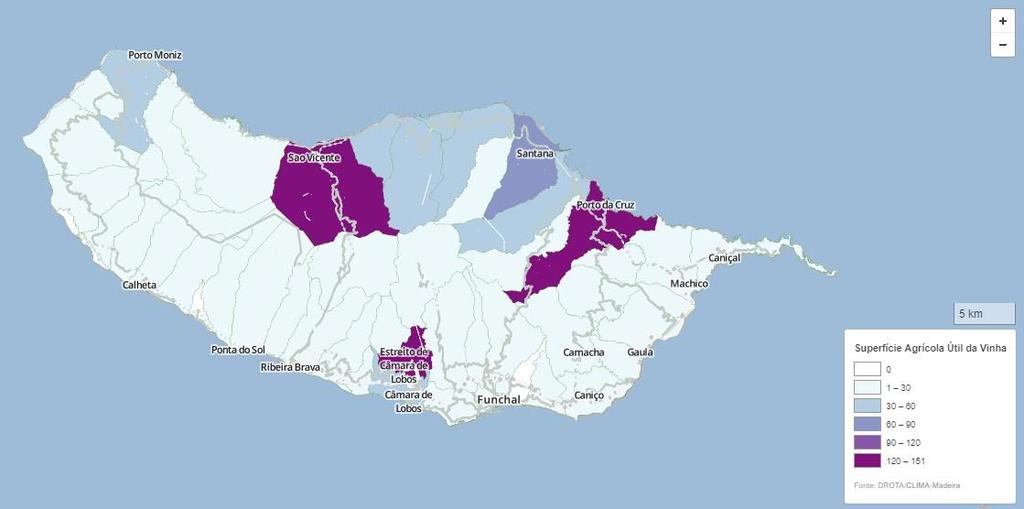 Figura n.º 3 - Mapa da superfície agrícola útil de vinha da Ilha da Madeira; Fonte: (Prada et al., s.d.) 5.3. MATERIAL VEGETATIVO A plantação foi efetuada com R99, e posteriormente enxertado em Folgasão.