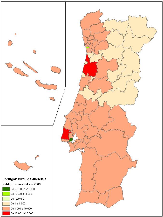 Saldo processual global (entrados - findos) - (2009) 1 Os únicos círculos judiciais com saldos processuais favoráveis em 2009 são Lisboa e Porto.