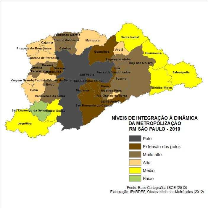 Para a Região Metropolitana de São Paulo chegou-se ao seguinte mapa: Tabela 1 População, área, taxas de crescimento e densidades demográficas dos municípios por níveis de integração população taxas