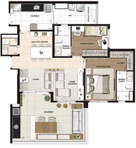 ILUSTRAÇÃO ARTÍSTICA DA PLANTA OPÇÃO AMPLIADA DA UNIDADE DE 97 m² Os móveis, objetos e revestimentos de piso, parede e forro são sugestões decorativas, não fazendo parte do contrato.