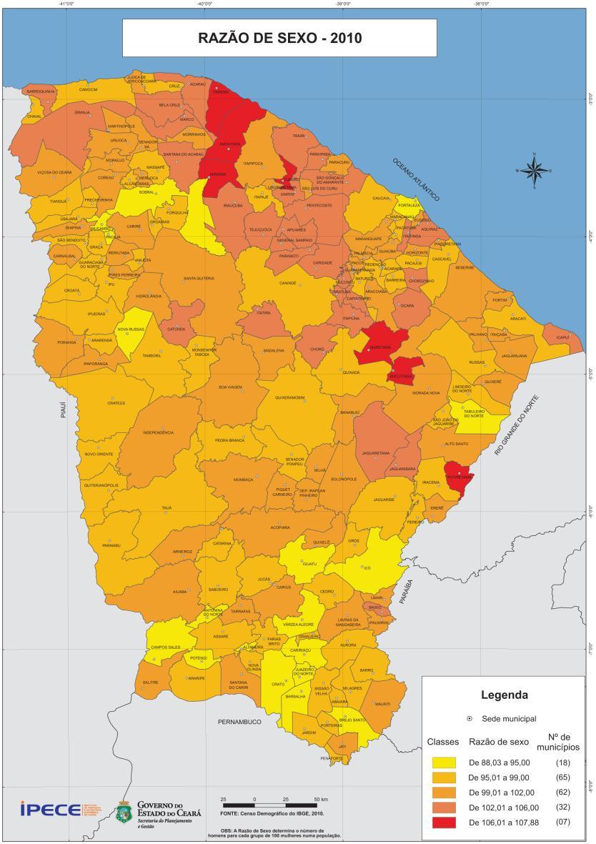 Mapa 3: Razão de sexo segundo os municípios do Ceará -.