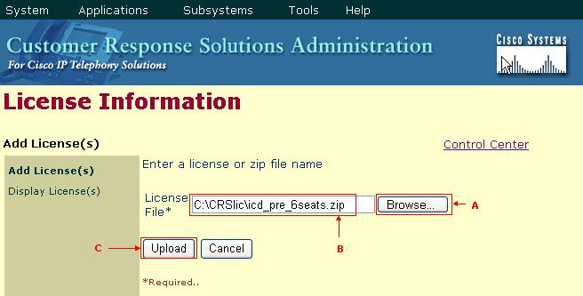 6. O clique consulta (veja a seta A em figura 4). 7. Encontre o arquivo de licença.se você quer adicionar um único arquivo de licença, especifique o trajeto ao arquivo relevante do.lic. Se você quer adicionar arquivos de licença múltiplos, você pode transferir arquivos pela rede cada arquivo do.