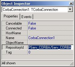 42 Figura 18 - Propriedades do componente CorbaConnection É através deste objeto que se busca a referência para a interface do objeto servidor, possibilitando assim a chamada dos métodos