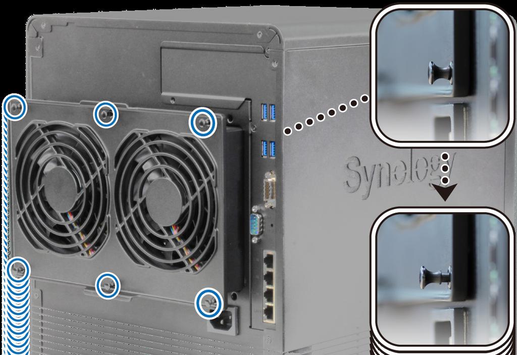 Troca do ventilador do sistema O DiskStation emitirá bipes se algum ventilador do sistema não estiver funcionando.