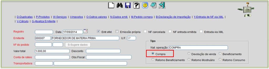 2.1 - Entrada de matéria prima.