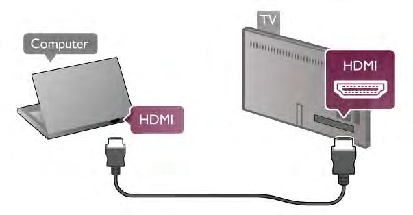 Ligue a câmara depois de estabelecer a ligação. Computador Pode ligar o seu computador ao televisor e usá-lo como um monitor. Com HDMI Utilize um cabo HDMI para ligar o computador ao televisor.