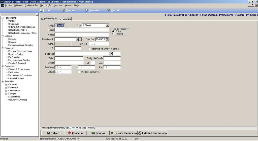 5. Como cadastrar um cliente No menu lateral (painel dois), clique na opção Cadastros/Clientes & Fornecedores.