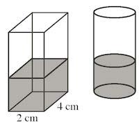 2- João tem dois recipientes. Um recipiente tem a forma de um prisma retangular com largura cm, comprimento cm e altura cm. O outro é um cilindro reto com raio cm e altura cm.