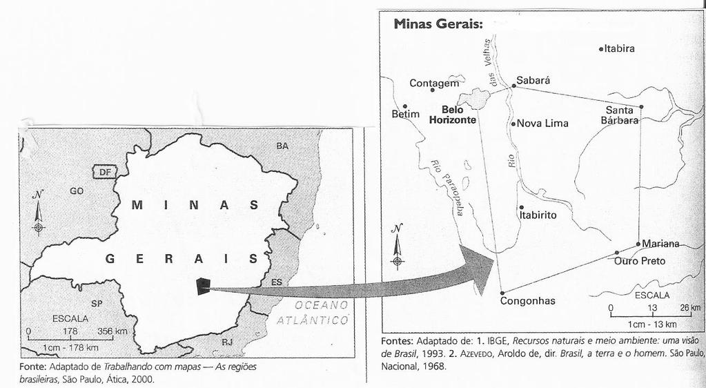 QUESTÃO 19 Observe os mapas que representam uma importante área mineradora de Minas Gerais. a) Cite o nome da principal área mineradora do estado de Minas Gerais.