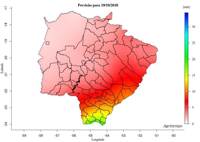 Previsão do tempo para o Mato Grosso do Sul De acordo com o modelo Agritempo (Sistema de Monitoramento Agro Meteorológico), a previsão do tempo indica que no dia 16/10, em todo estado, há