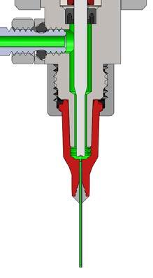 Como funciona a válvula xqr41 A pressão de entrada do ar de 4,8 bar (70 psi) retrai o pistão e a agulha do alojamento da agulha na ponta de distribuição, permitindo o fluxo do fluido através dessa