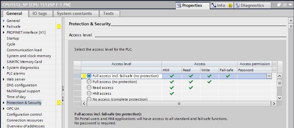7.5 Configuração de nível de acesso para o CPU 1512SP F-1 PN Agora, alterne para o menu "proteção" e selecione nesse local nível de acesso "acesso completo incluindo Fail-safe (sem proteção).