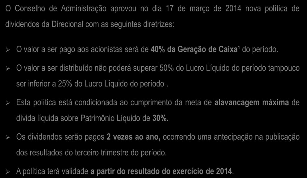 Política de dividendos O Conselho de Administração aprovou no dia 17 de março de 2014 nova política de dividendos da Direcional com as seguintes diretrizes: O valor a ser pago aos acionistas será de