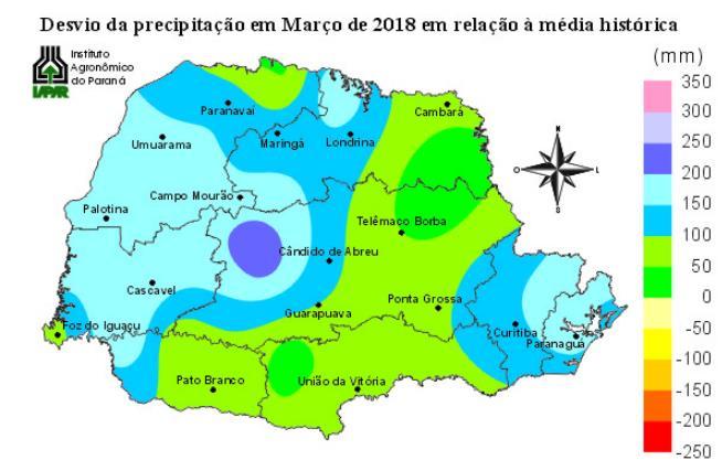 Fig 2a - Precipitação acumulada Fig 2b Desvio em relação à média MARÇO O mês de março apresentou chuvas acima da média histórica em praticamente todo o Paraná.