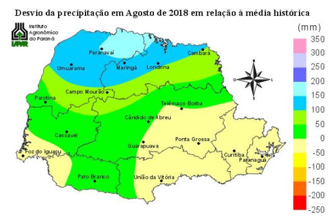 Fig 7a - Precipitação acumulada Fig 7b Desvio em relação à média AGOSTO No mês de agosto as chuvas ficaram acima da média em praticamente todo o estado do Paraná.