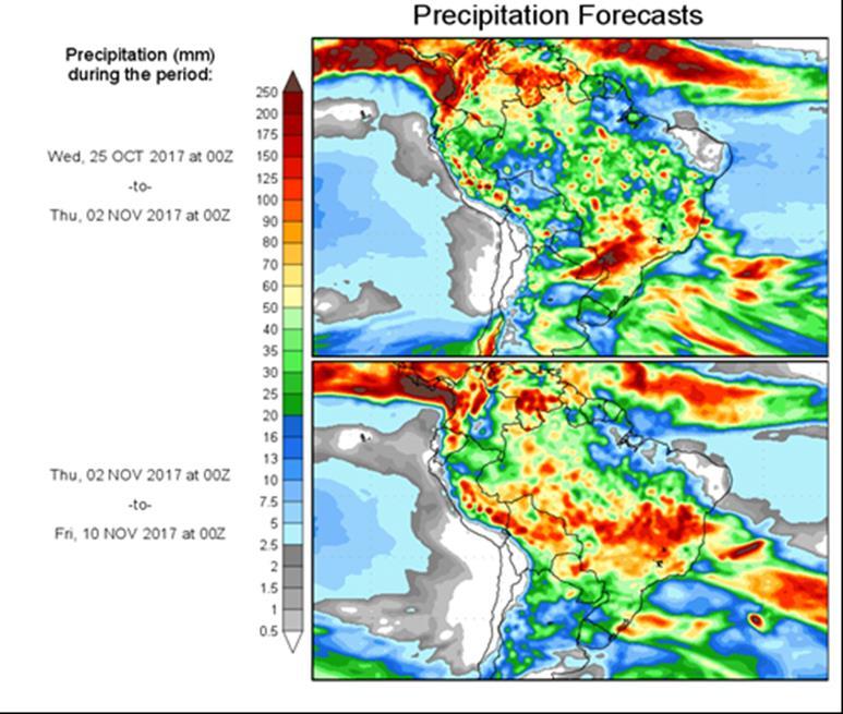 Segundo o COLA (Center for Ocean-Land-Atmosphere Studies), o prognóstico de precipitação para o período de 25 de outubro a 02 de novembro de 2017, indica possibilidade de chuvas moderadas e bem