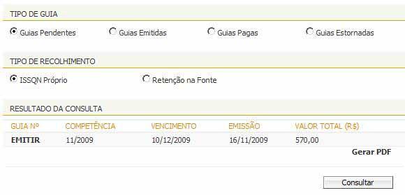 Guias Emitidas Considerando a competência e o tributo esta busca apresentará todas as guias já emitidas e não recolhidas.