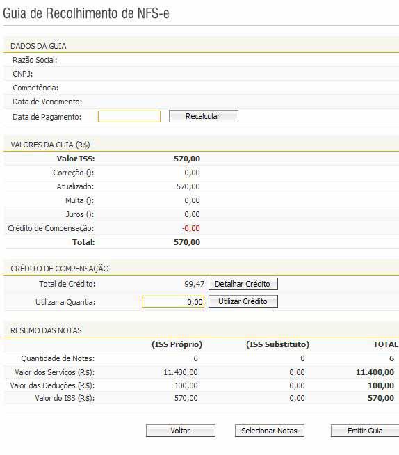 Guias Canceladas Após a seleção da guia é apresentado um resumo geral com valores, acréscimos, deduções e quantidade referente a todas as notas incluídas na competência.