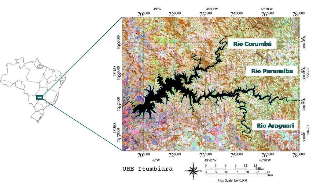 6 formado principalmente pelo represamento dos rios Paranaíba, Araguari e Corumbá. Possui forma dendrítica, com 814 Km 2 de área inundada (Figura 1). Figura 1. Área de estudo.