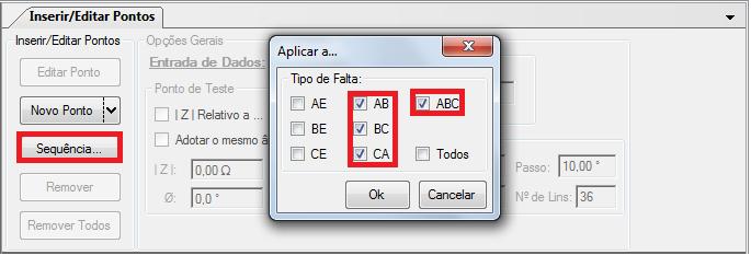 8.2 Teste de Ponto para as Zonas 1, 2, 3, 4 e 5 8.2.1 Loop Bifásico e trifásico Clique na aba Teste de Ponto e em seguida Sequência escolha os tipos de falta nesse caso somente faltas trifásicas e bifásicas, ou seja, ABC, AB, BC e CA.