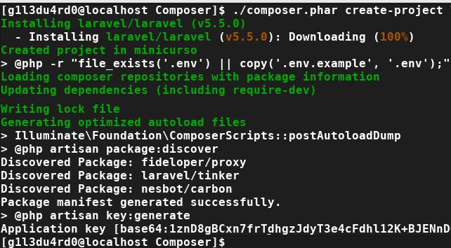 2. CRIANDO PROJETO VIA COMPOSER No terminal (mesmo diretório onde baixou o Composer), execute (copie e cole) o seguinte comando:./composer.phar create-project laravel/laravel minicurso 5.