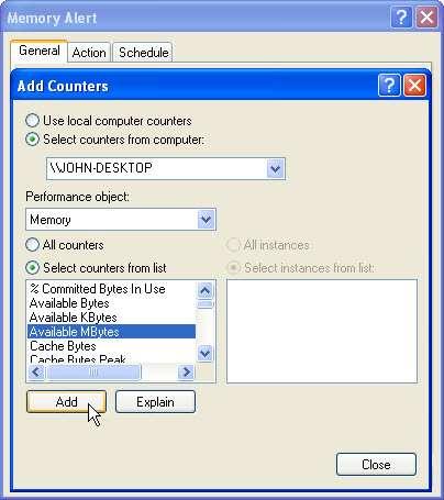 Defina o campo "Objeto de Desempenho" para memória. Defina o campo "Selecionar contadores da lista" como MBytes Disponíveis.