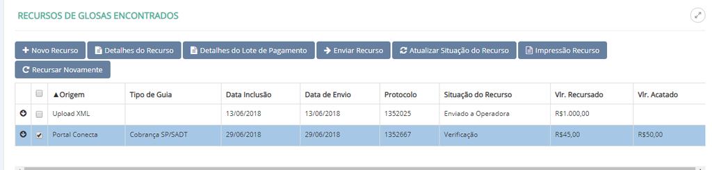 Ao selecionar um dos recursos apresentados, serão habilitados os menus abaixo, onde o prestador poderá: Ao selecionar um dos recursos apresentados será habilitado o menus abaixo, onde