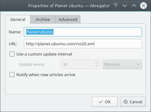 Aparecerá então a janela seguinte, com um campo de texto URL da Fonte:. Indique planet.ubuntu.com ou http://planet.ubuntu.com no campo de texto ao lado do URL da Fonte e carregue em OK.